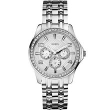 Guess U0147l1 Silver Tone Polished Chronograph Ladies Watch In Original Box