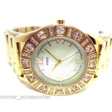 Guess Women G95483l Gold Band Mopearl Dial Crystals Watch