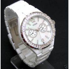 Guess Women Watch Crystals Multiple Dial Analog Mother Of Pearl Face