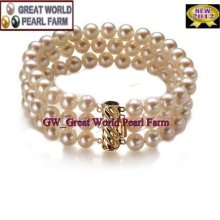 Gw Top Triple Strand 9-10mm White Round Akoya Pearl Bracelet 14k Yellow Gold