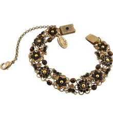 Hand-painted Flowers Bracelet By Michal Negrin With Black, Brown & Gold Crystals