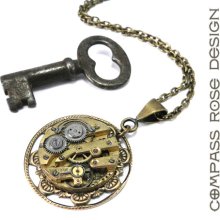 Handmade Steampunk Necklace - Gold Tone Watch Pendant Necklace - Silver Gold Contrast - on Brass