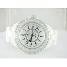 Haorui Diamond Bezel Diamond Dial White Ceramic Quartz Watch Fully R