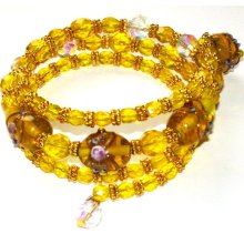 Happiness and Joy memory wire bracelet and earrings set - Yellow - lampwork glass