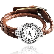 Happy Father's Day Sale - Round Polka Dotted Frame Silver Quartz Watch Brown Leather Wrapped Bracelet (Get 12% OFF)