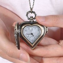 Heart Shape 12/24 Hours Display Bronze Mens Womens Necklace Pocket Watch