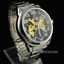 Hollow Black Dial Arabic Numerals S/steel Analog Automatic Mechanical Watch Mens