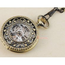 Hollow Silver Skeleton Unisex Bronze Pocket Watch White Blue Roman No. Vintage