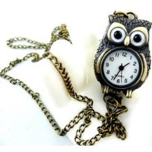 Hot Antique Tone Night Owl Quartz Pocket Watch Pendant Chain Necklace