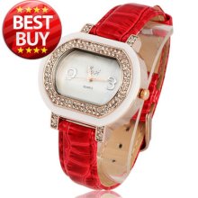 Hot Luxury Generous Crystal Analog Lady Girl Wristwatch Red Leather Jewel Quartz