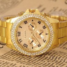 Hot Men Gold Luxury Analog Crystal Dial Gift Stainless Steel Quartz Wrist Watch