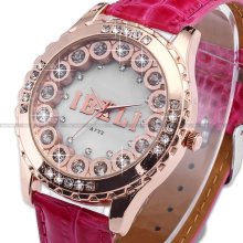 Ibeli Rose Gold Case Bling Crystal Lady Girl Leather Bracelet Quartz Watch Usts