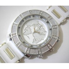 Iced Out Bling Bling Rubber Band Map On Dial Men's Watch White