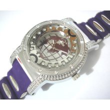 Iced Out Bling Bling Hip Hop Globe Dial Rubber Band Men's Watch Purple