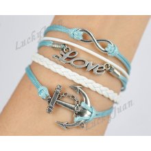 Infinity, Love & Anchor Bracelet--Antique Silver Bracelet--Wax Cords and Imitation Leather Bracelet--Best Chosen Gift-- B036