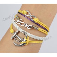 Infinity, Love & Anchor Bracelet--Antique Silver Bracelet--Wax Cords and Imitation Leather Bracelet--Best Chosen Gift-- B033