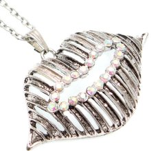 Iridescent Silvertone Sexy Rhinestone Lips Charm Necklace