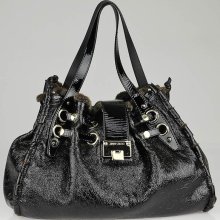 Jimmy Choo Black Patent Leather and Shearling Ramona Bag