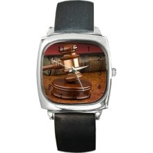 Judges Gavel on a Silver Square Watch w/Leather NEW - Multi-color - Silver Tone