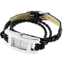 Knitting Leather Band Style Fashionable Stainless Steel Wrist Watch for Women - Leather - Black