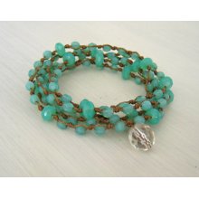 Knotted Beaded Bracelet, Aqua Green, Milky Seafoam, Trendy Bohemian Jewelry, 5x Wrap Bracelet, Handmade in France