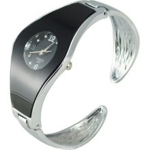 Korean Fashion Lady's Cuff Bangle Bracelet Analog Watch Silver Black