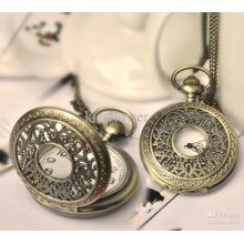 L Size Hollow Flower Design Pocket Watch Necklace, Quartz Watch Ship