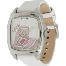 Ladies Fossil Es2306 White Leather Silver Pink Heart Watch - Unique