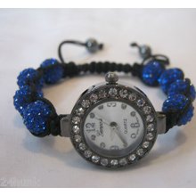 Ladies Geneva Bracelet Watch With Glittery Blue Beads And Gemstone Bezel