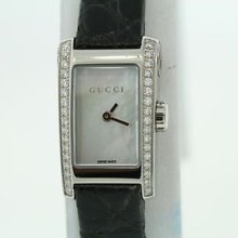 Ladies Gucci 8600 Ya086501 Mop Dial Diamond Bezel Black Alligator Strap Watch