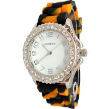 Ladies Mens Orange & Black Tie Dye Halloween Silicon Watch w/ Crystals