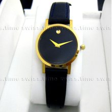 Ladies Movado Museum Classic Gold Tone Black Dial Leather Swiss Quartz Watch