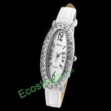 Ladies Oval Face Slim Quartz Wrist Watch Leather Strap