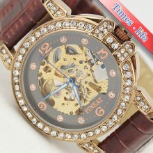 Lady Fashion Diamonds Women Wrist Watch Automatic Skeleton Brown Leather