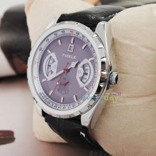 Lavender Dial W/date Mens Automatic Mechanical Wrist Watch Subdial Army Leather