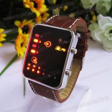 Led Digital Binary Date Watch Brown Leather Sport Style Wrist Watch Unisex M590k