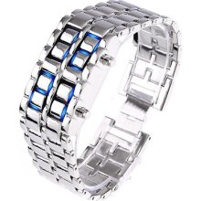 Led Digital Watch Samurai Stainless Steel Silver Blue Led Fashion Sport Links