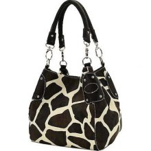 Lg Brown Giraffe Print Convertable Purse Handbag Tote Bag Black Trim & Handles