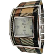 Limited Edition Brown Plaid Design Fabric Bracelet Watch w/ Silver Clasps - Silver - Silver