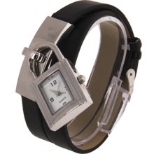 Lock Shaped Dial Stylish Quartz Wrist Watch with Extended Leather Band - black