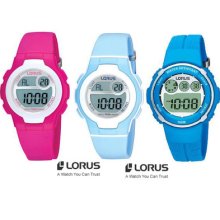 Lorus Girl's Sports Digital Watch 100 Mtrs Water Proof Blue, Sky Blue, Dark Pink