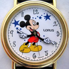 Lorus Mickey Mouse Gold Blue Stars Mens Womens Wristwatch Watch Leather Band