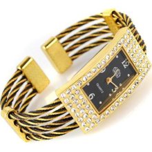 Luxury Black Golden Metal Bangle Crystals Womens Girls Quartz Wrist Watch