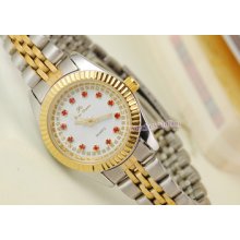 Luxury Gold Case Lady Womens Red Crystal Quartz Dress Watch Stainless Steel