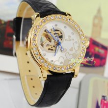 Luxury Golden Crystal Heart Skeleton Lady Dress Automatic Watch Rhinestone