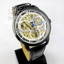 Luxury Mens Watch Gold Tone Skeleton Leather Watch Automatic Movemen