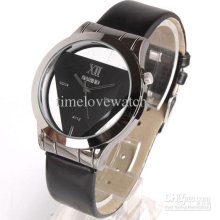 Luxury Women Triangle Face All Black Leather Quartz Watch Skeleton C