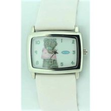 Me To You Ladies Girls Teddy Square Silver White Leather Strap Watch Gift Boxed