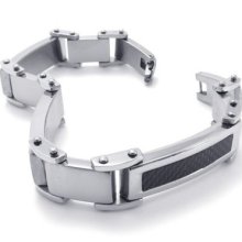 Men Silver Stainless Steel Bracelet Carbon Fiber Charm Bangle Chain Xmas Gift