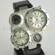 Men Sports Function Wrist Watch Military Army Thermometer Compass Quartz Leather